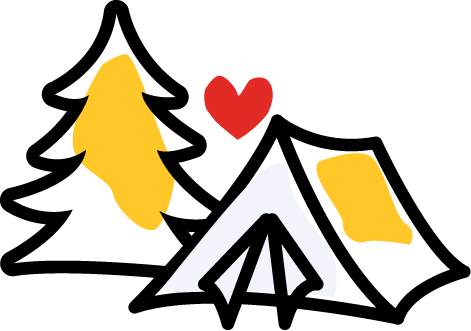 A tree next to a camping tent with a heart between them